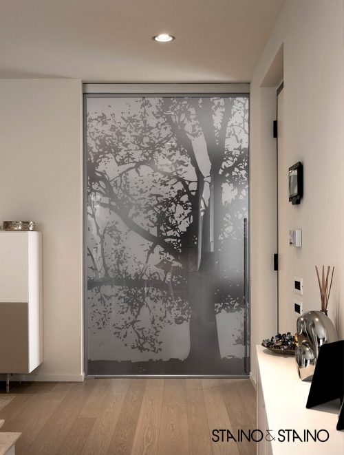 Porte Coulissante Extra Light avec verre sablé et décoration DS01